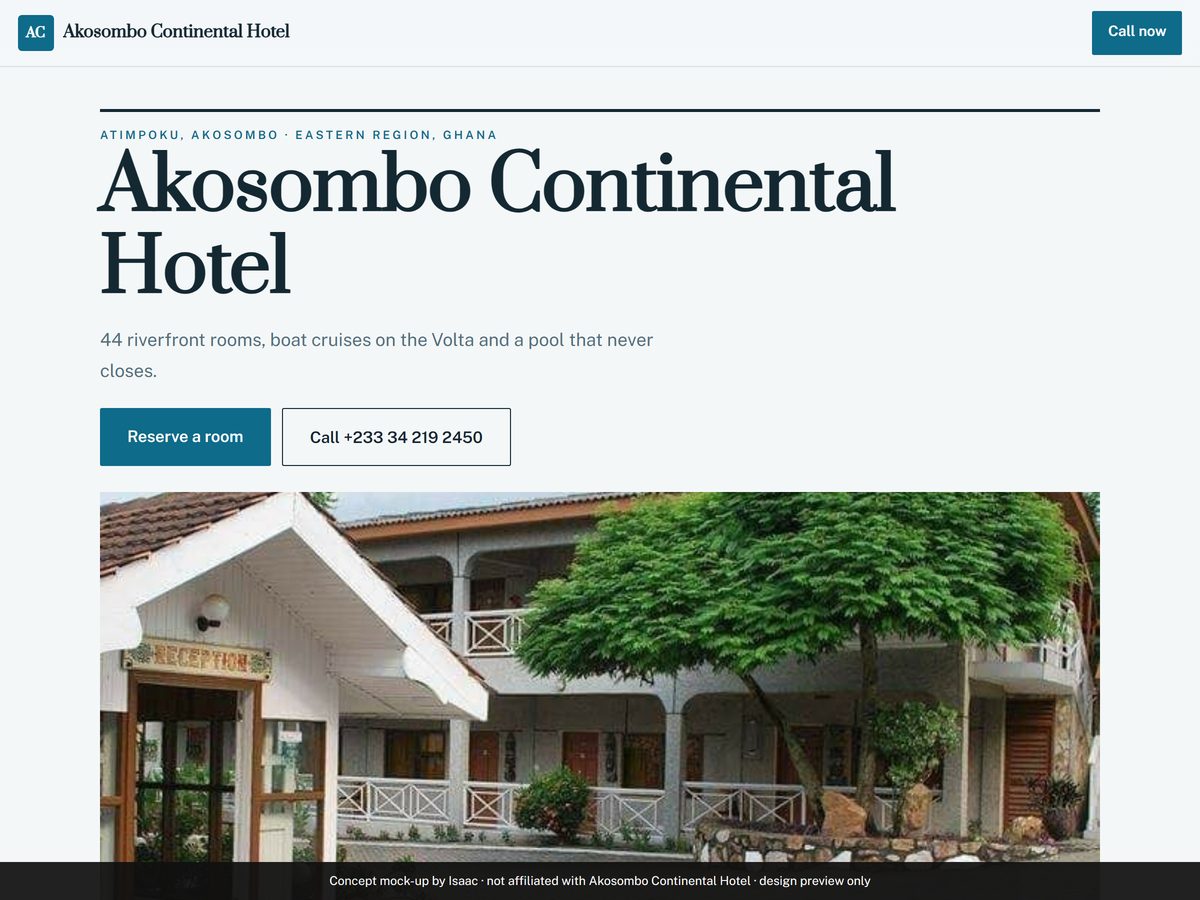 Akosombo Continental Hotel website concept by IJW Labs