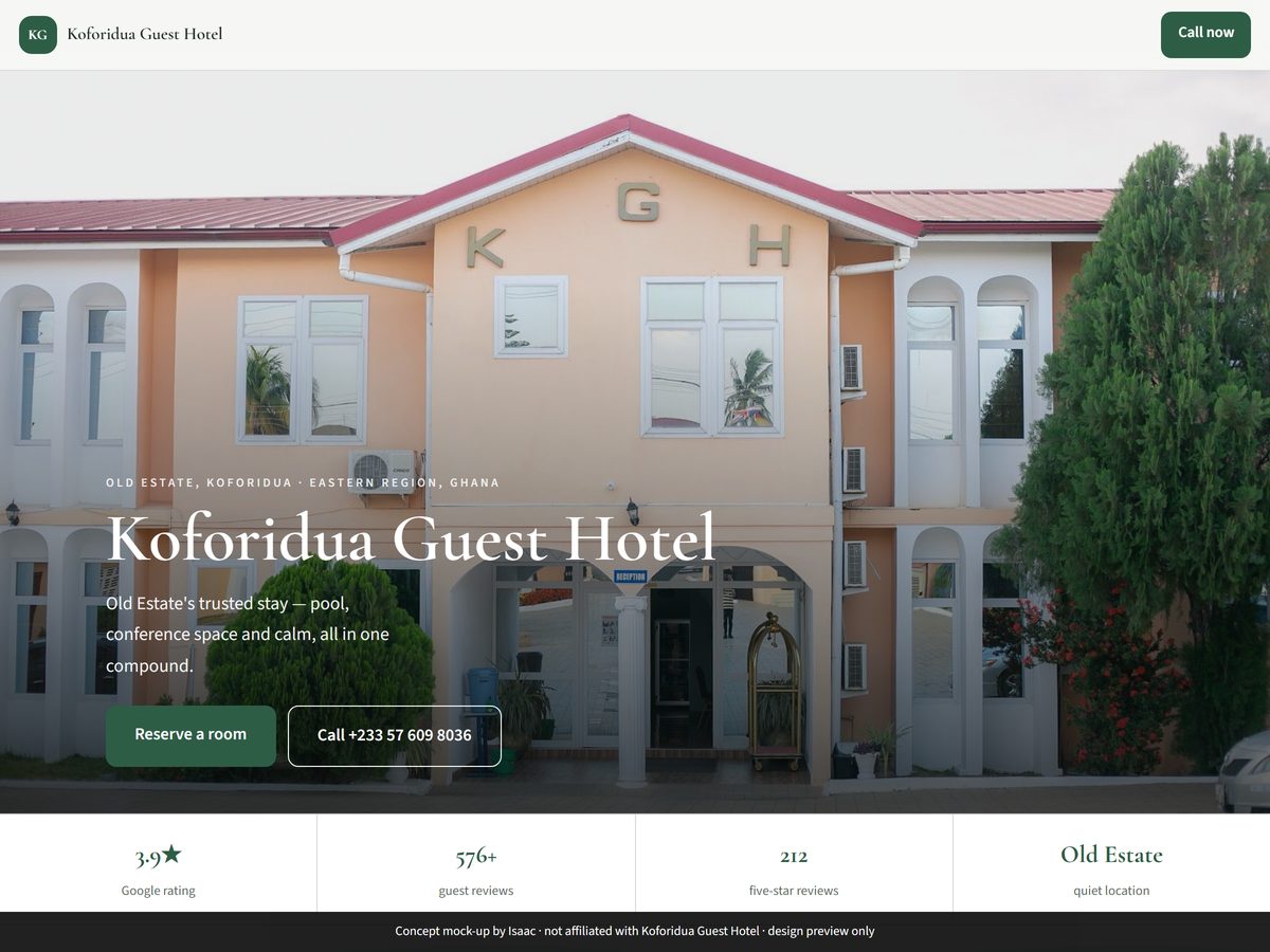 Koforidua Guest Hotel website concept by IJW Labs